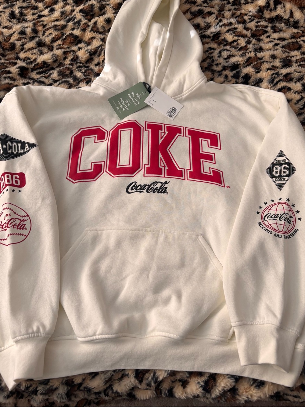 H&M Coca Cola Women’s Cream Hoodie Sweatshirt with Red Logo Sz L